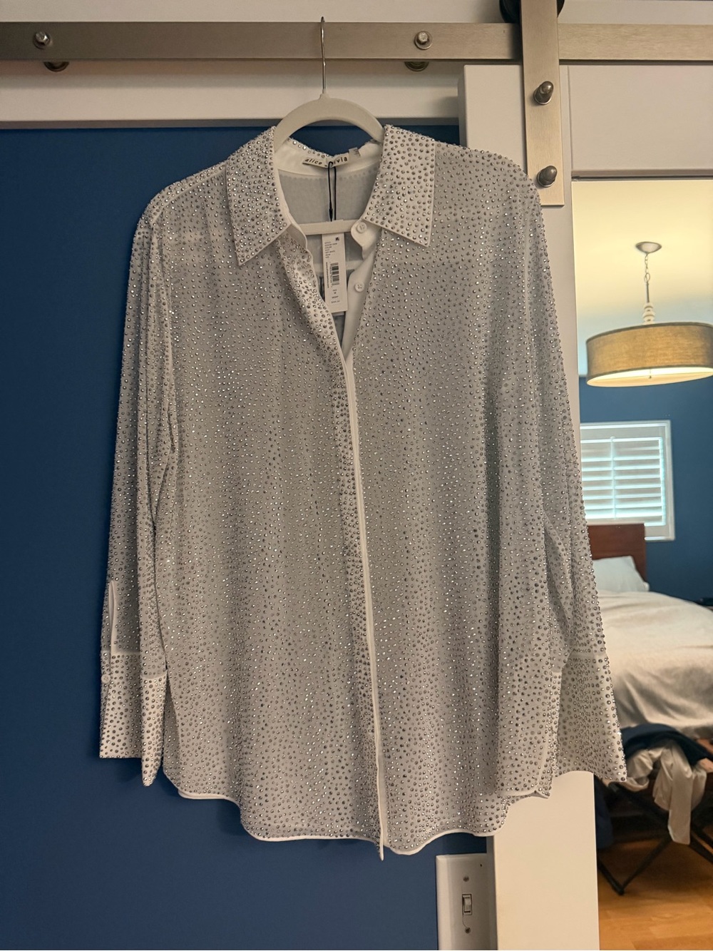 Alice + Olivia Off White Crystal Rhinestone Shirt | NWT Size M